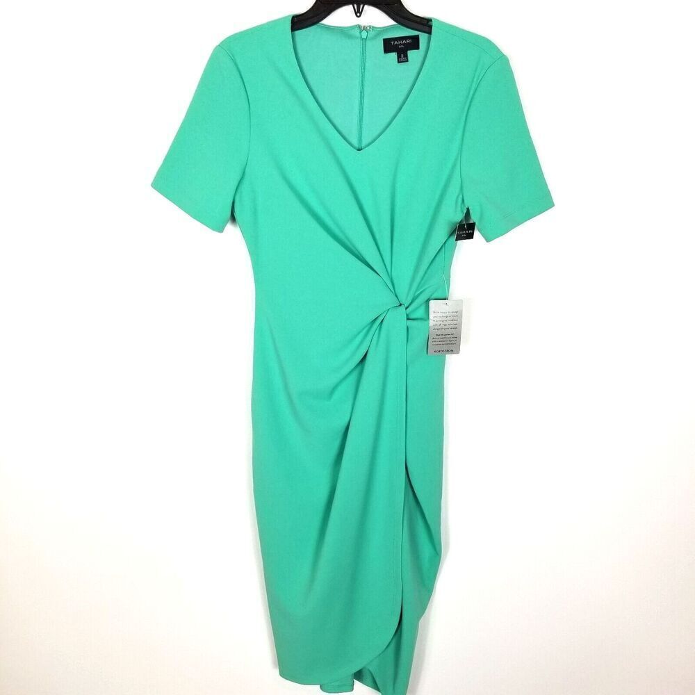 Tahari ASL Women's Knot Waist Mock Neck Dress Size 2 Light Green Short Sleeve